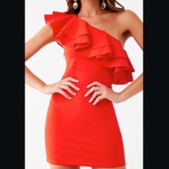 Red Ruffled One-Shoulder Bodycon Dress Small S - Picture 1 of 2